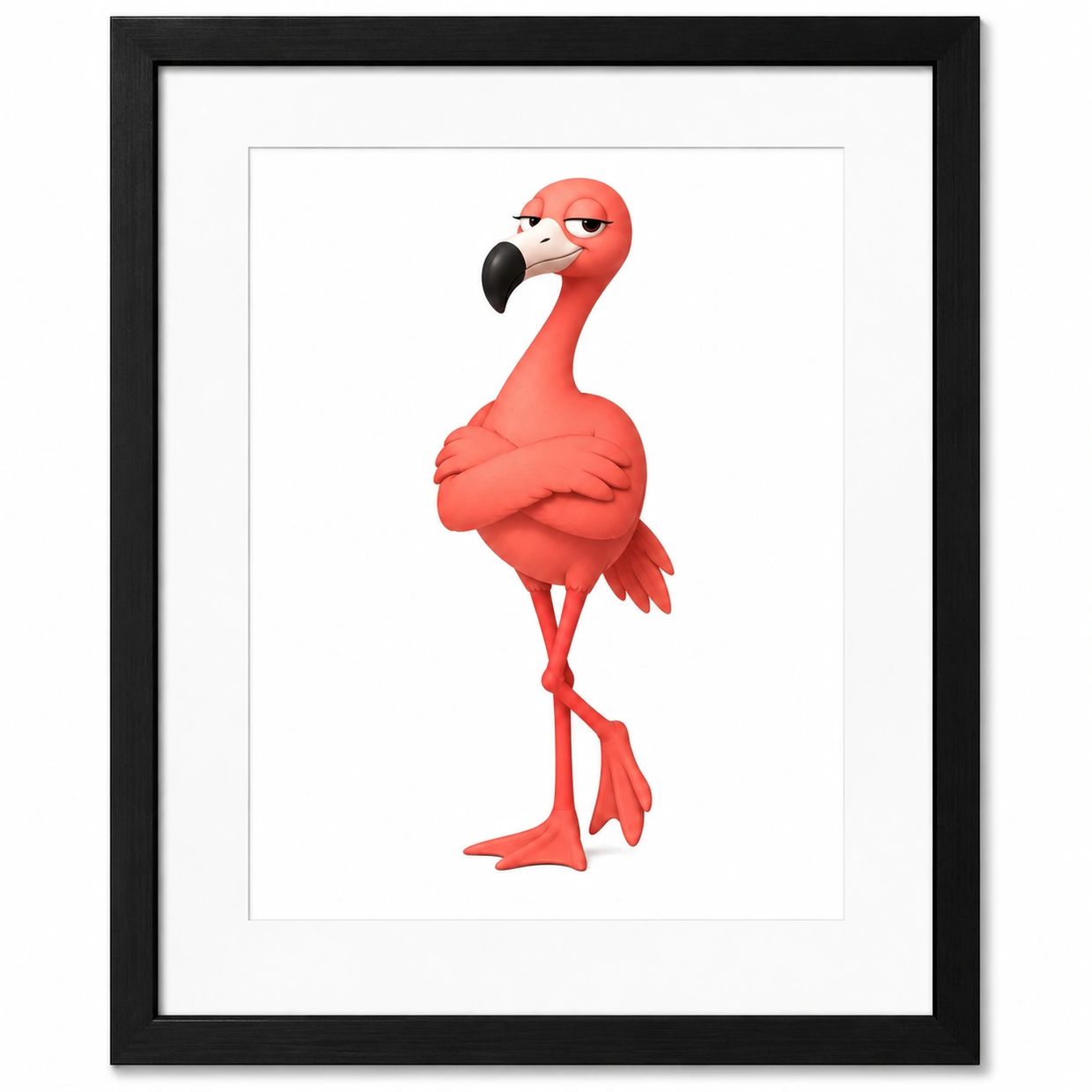 Confident cartoon flamingo with folded arms in a framed print.