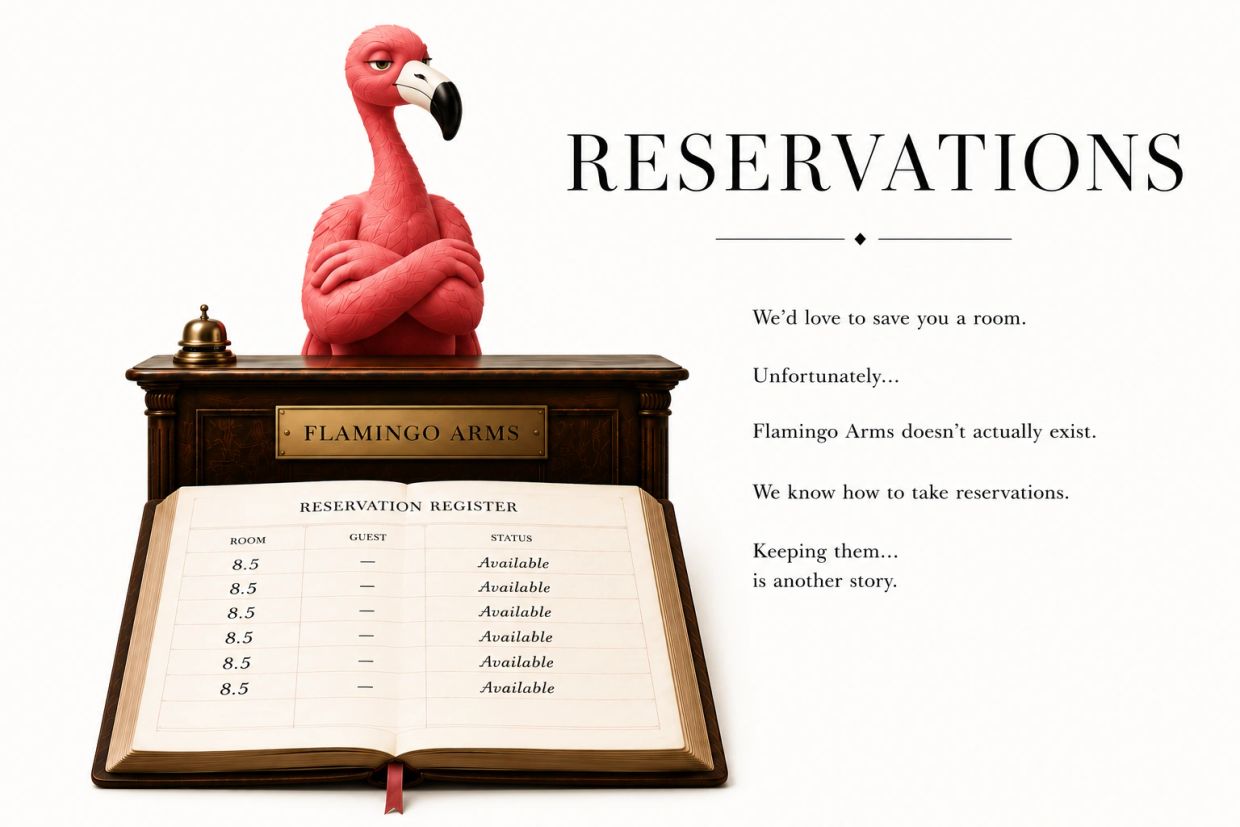 Funny flamingo at a reservation desk with a humorous message.