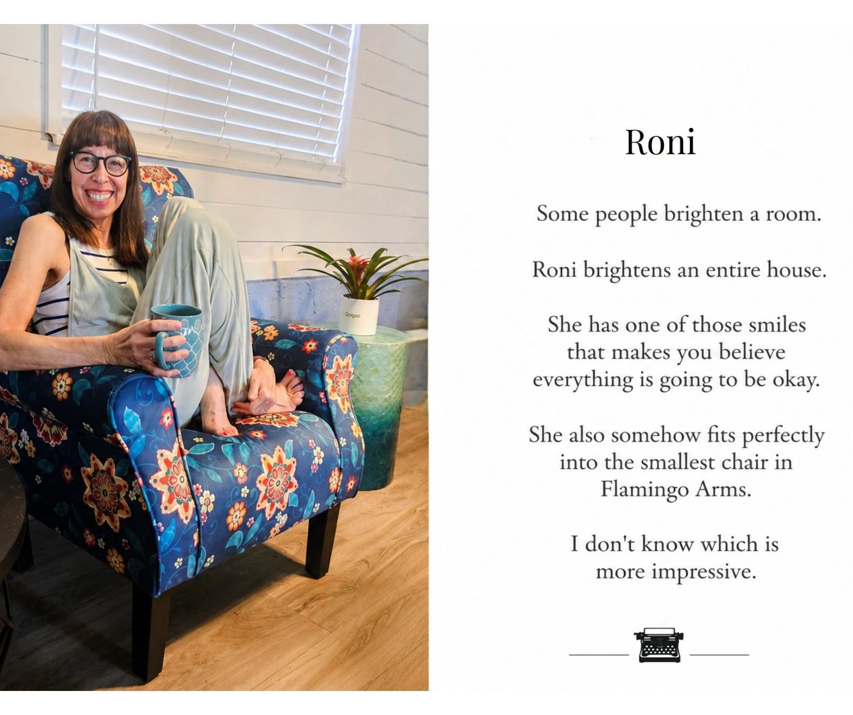 Woman smiling while sitting on a colorful chair with a cup of coffee.