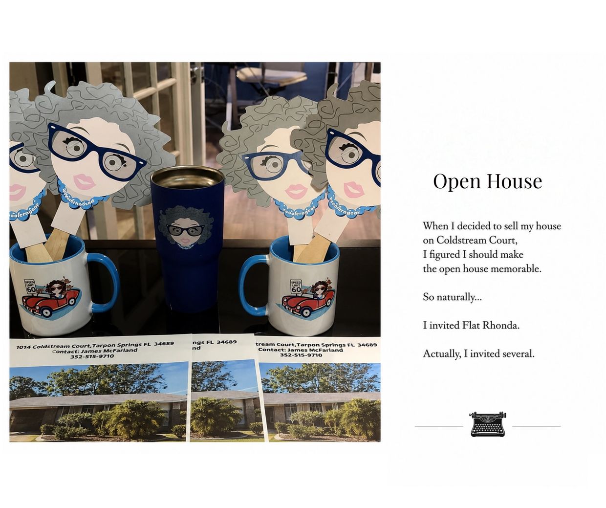 Flat Rhonda themed open house invitations with mugs and flyers.
