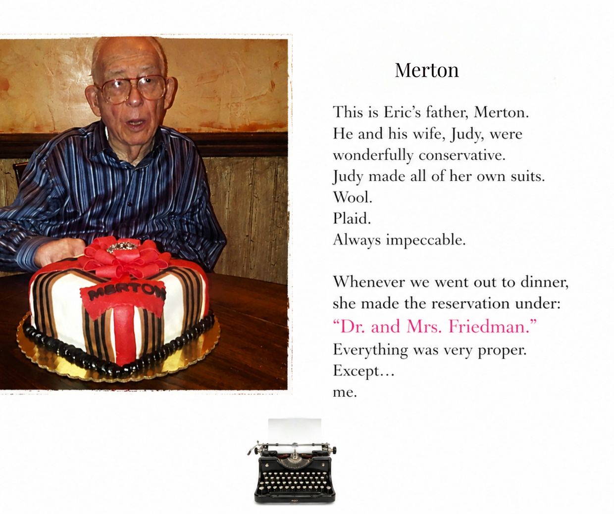 Elderly man named Merton with a decorated cake, accompanied by a text tribute.