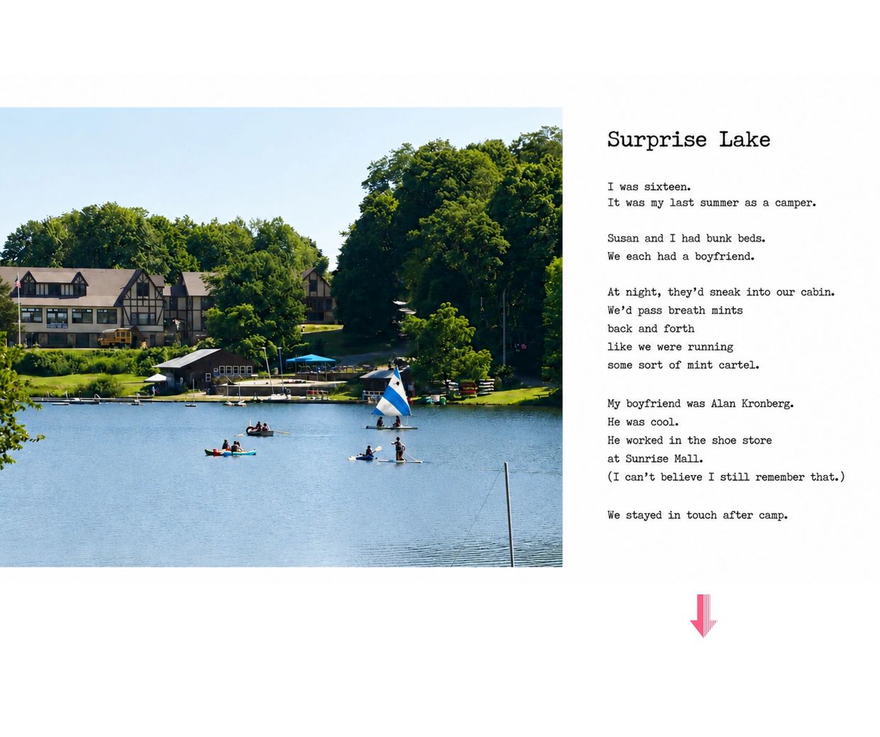 A serene lake view with kayaks and a story about youth and memories.