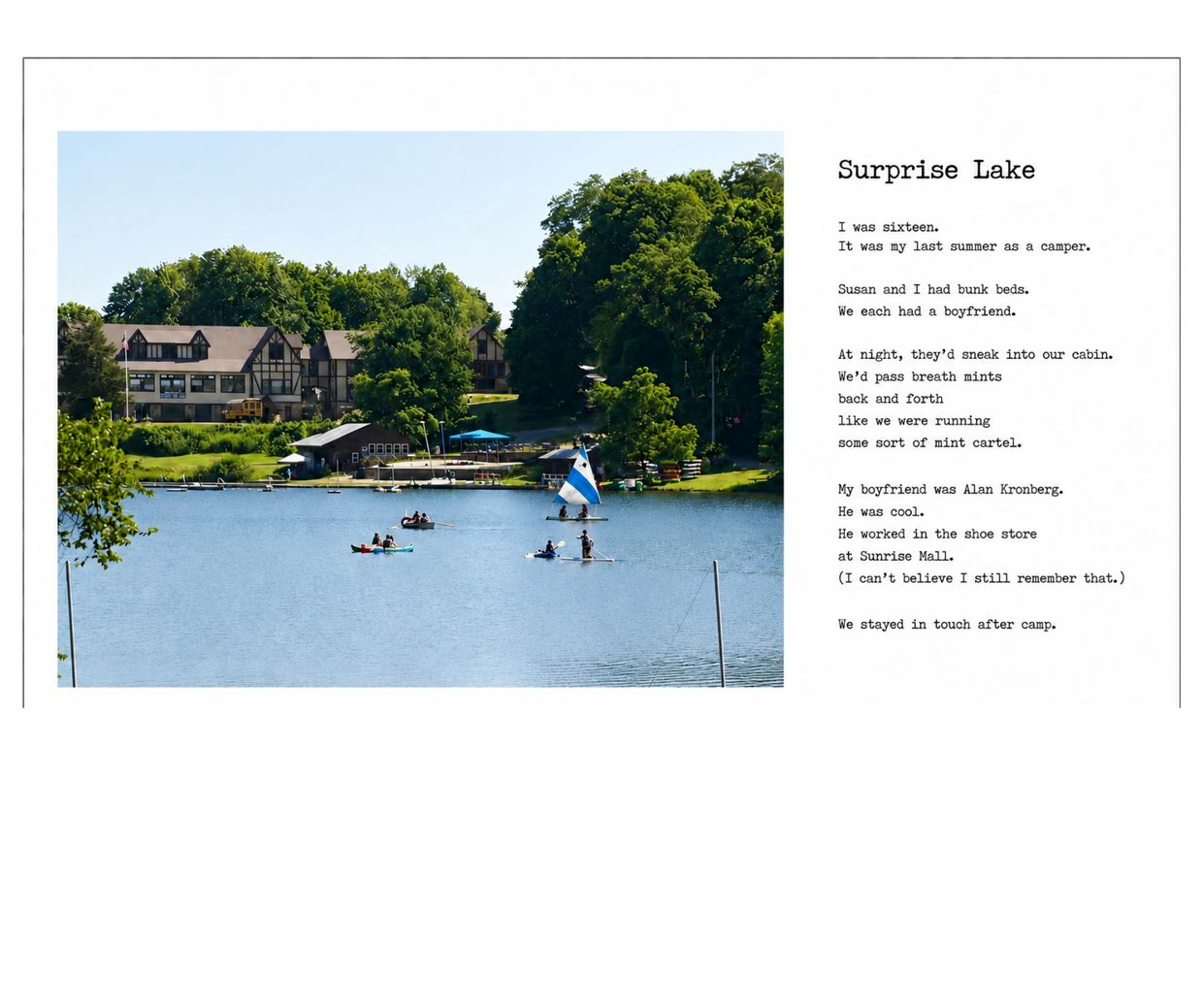 A peaceful lake with people on boats and a nearby lodge surrounded by trees.