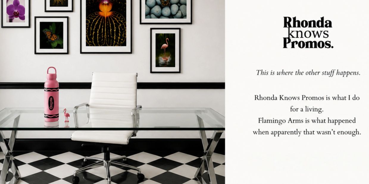 Modern office desk with framed butterfly photos and promotional text on the side.