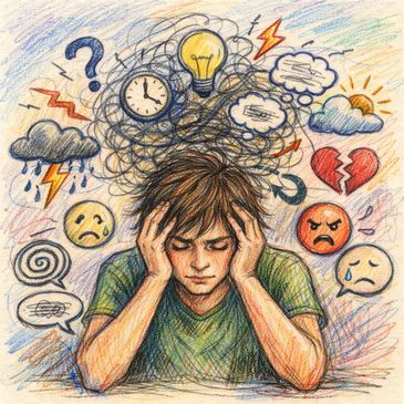 Illustration of a stressed person overwhelmed by chaotic thoughts and emotions.