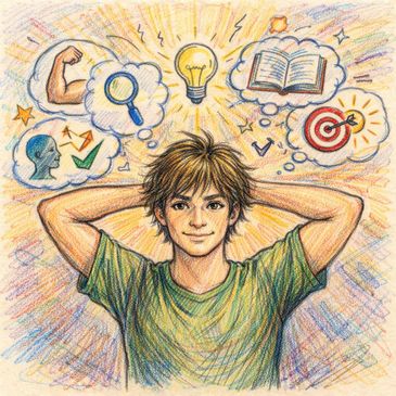 Young man with creative and intellectual ideas illustrated around his head.