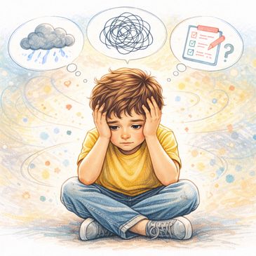 A sad child overwhelmed by confusing thoughts and emotions.