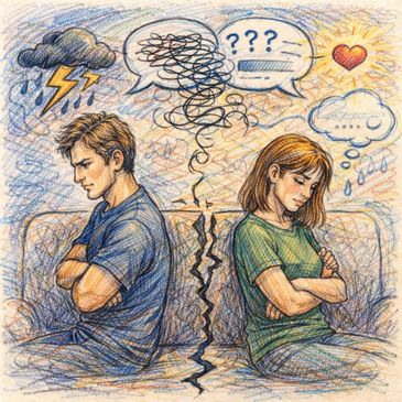 Illustration of a couple in conflict, emotionally distant and confused.