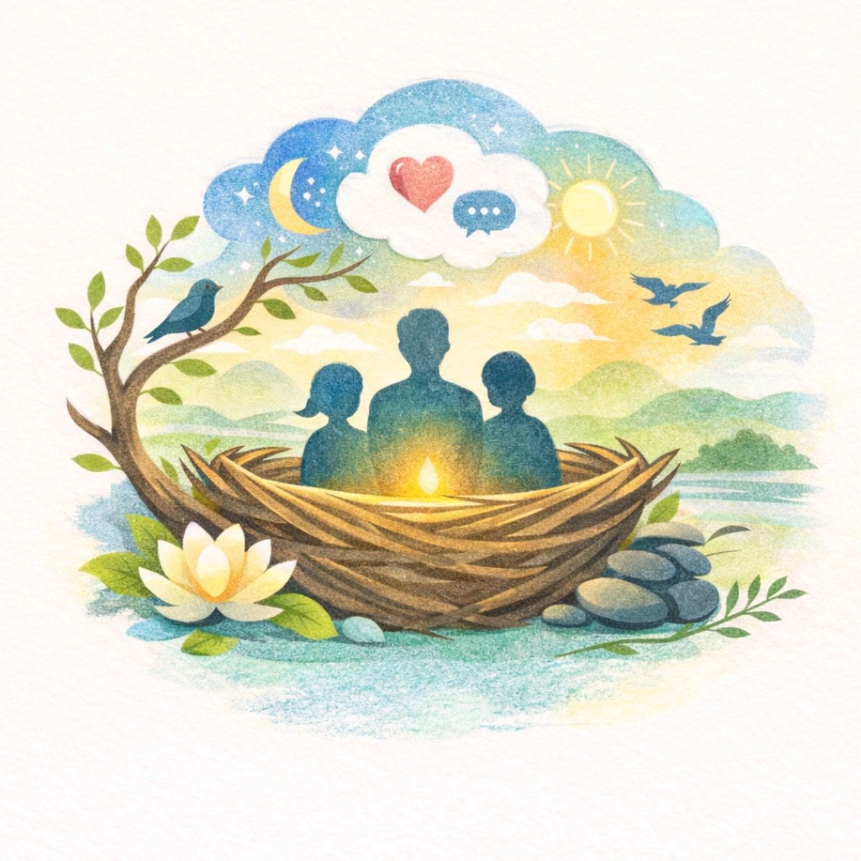 Three silhouettes sit together in a nest with a glowing light, surrounded by nature and symbols of love and communication.