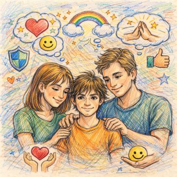 A supportive family surrounds a smiling child with positive symbols overhead.