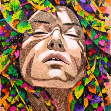 Artistic portrait of a serene face surrounded by vibrant, colorful leaves.