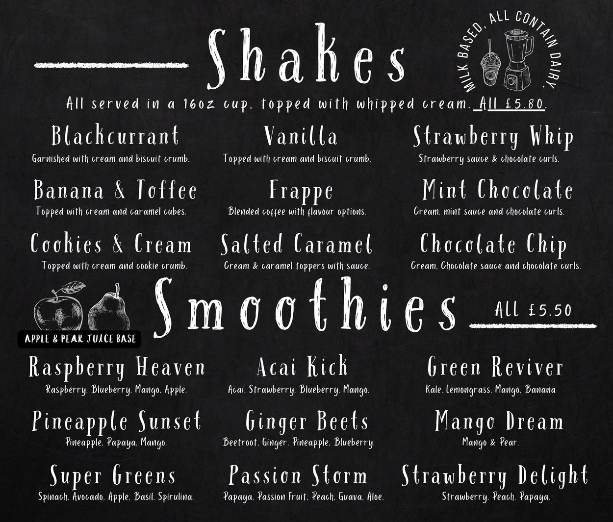 Enjoy a large range of blended smoothies and Milkshakes at The Kiosk in Bedford.