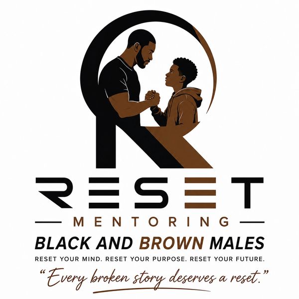 Logo of RESET Mentoring for Black and Brown males with a father and son handshake illustration.