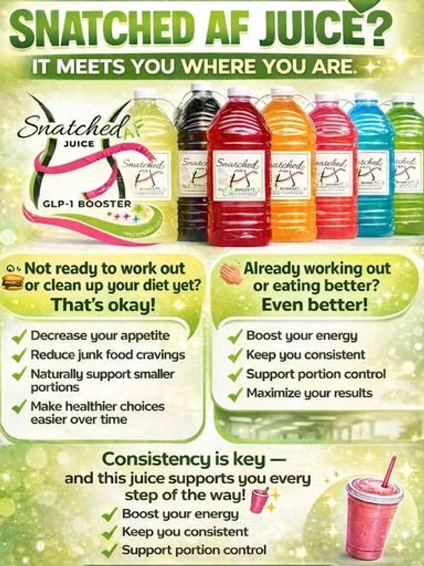 Assorted colorful Snatched AF Juice bottles promoting appetite control and energy boost.
