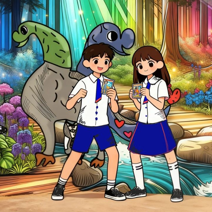 Two children in school uniforms holding cards in a colorful fantasy forest with dinosaur-like creatures.