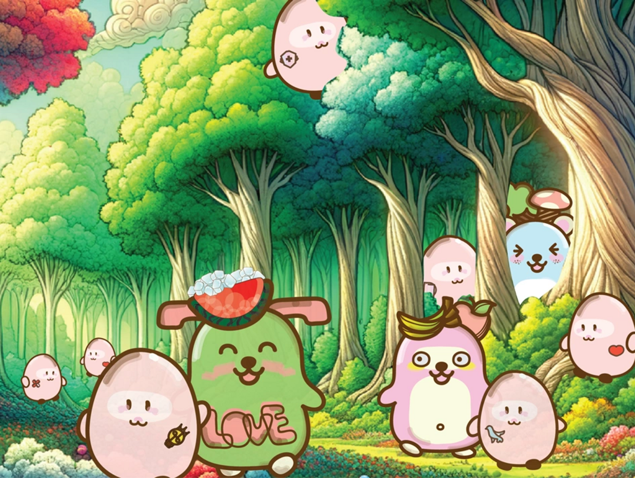 Cute cartoon creatures in a vibrant, colorful forest scene.