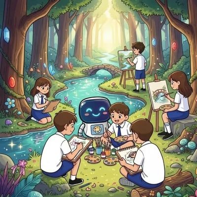 Children and a friendly robot painting together in a magical forest by a stream.