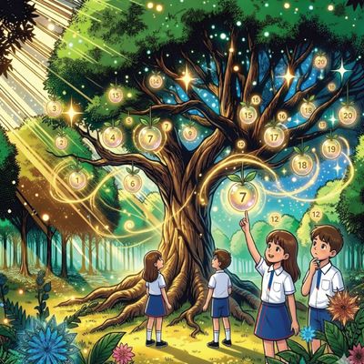 Children interact with a magical tree bearing glowing numbered orbs in a mystical forest.