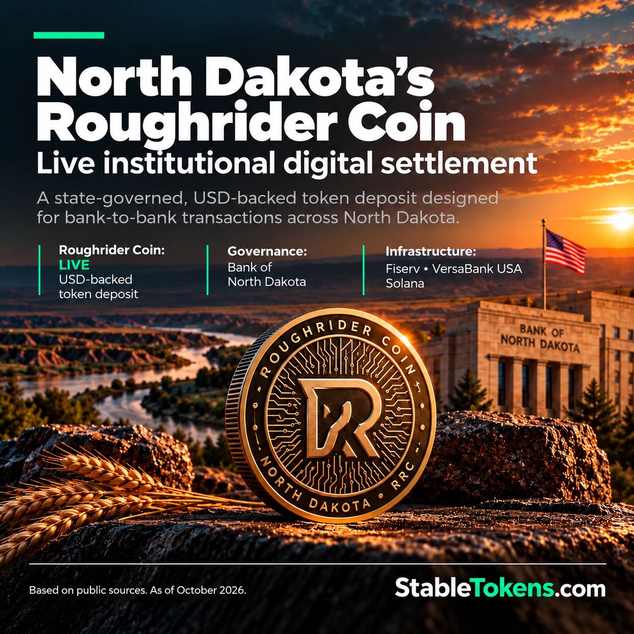 North Dakota Roughrider Coin: live USD-backed digital token built on Fiserv infrastructure.