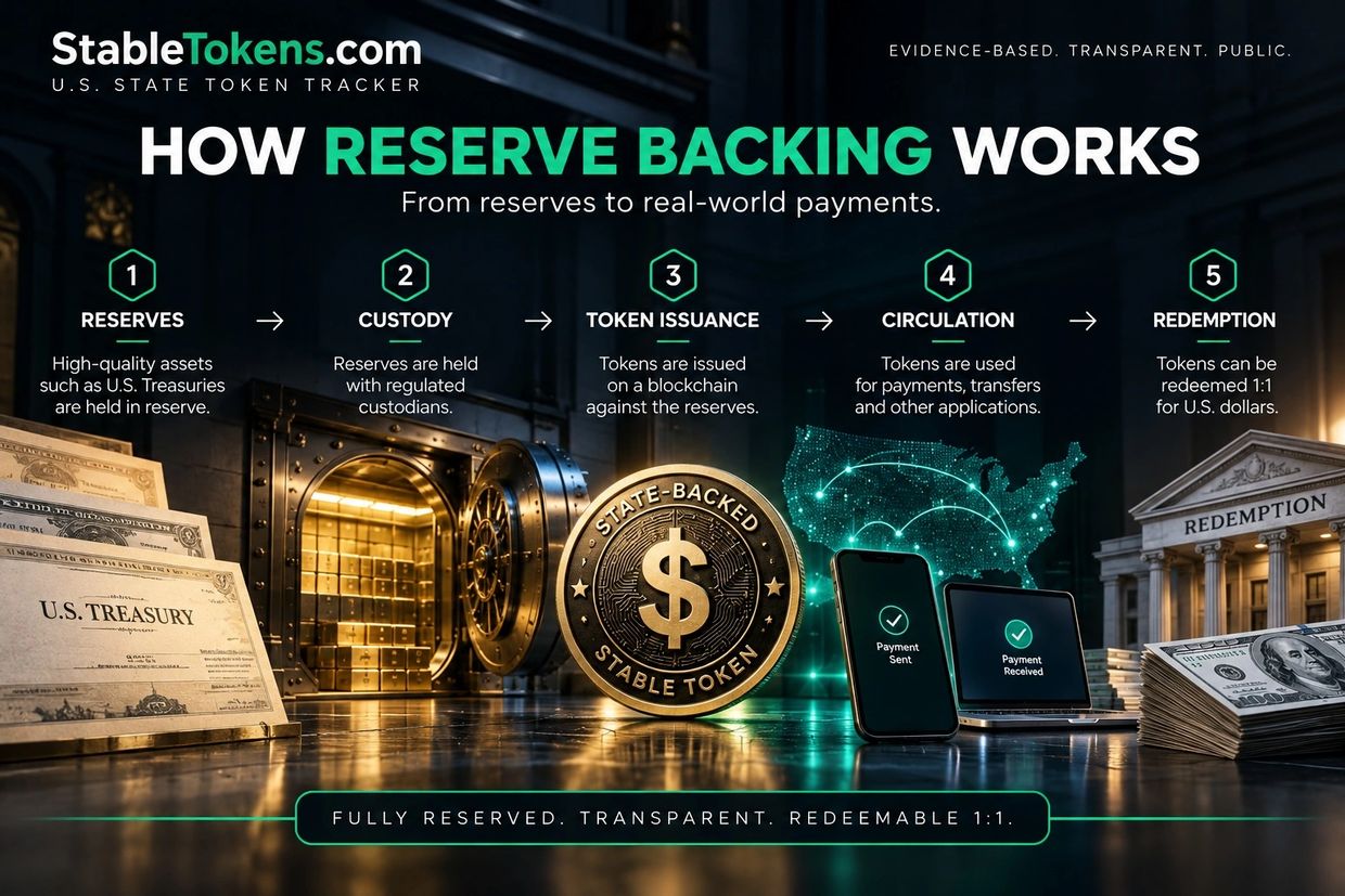 Reserve backing process from U.S. Treasury assets through token issuance, payments and redemption
