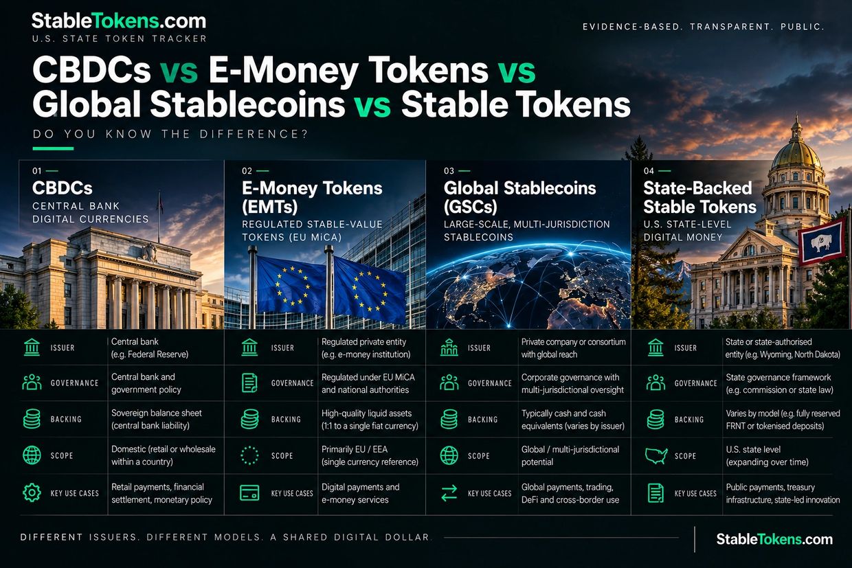 Comparison of CBDCs, emoney tokens, global stablecoins and state-backed tokens by issuer and backing