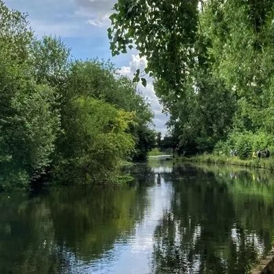 Calm river flanked by lush green trees and a dirt path under a cloudy sky.