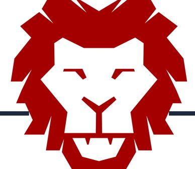 Stylized red lion head logo with geometric design on a white background.