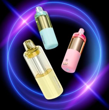 Three colorful vape devices on a glowing neon background.
