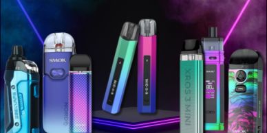 Collection of colorful vape devices on a futuristic platform.
