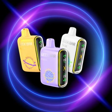 Three colorful Geek Bar vape devices with a neon ring background.