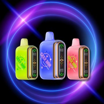 Three colorful Geek Bar vape devices with digital displays.