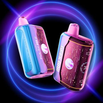 Two colorful Geek Bar vape devices with a cosmic design.