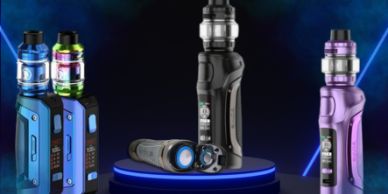 Various colorful vape devices displayed on stands.