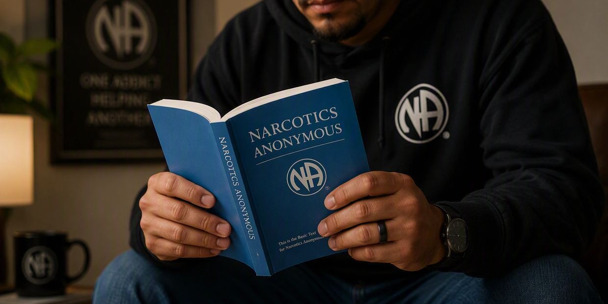Person reading a Narcotics Anonymous book.