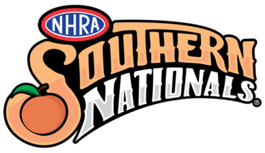 Logo of NHRA Southern Nationals with a peach graphic.