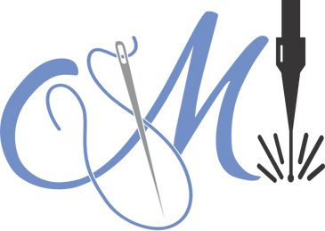 Logo with a needle, thread, and a sewing machine needle creating stitches.