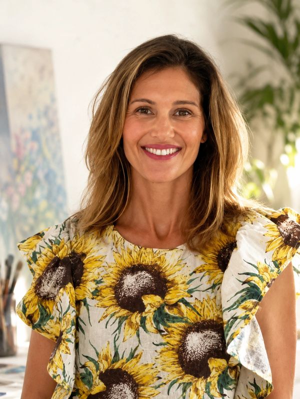 Smiling woman wearing a sunflower-patterned dress indoors.