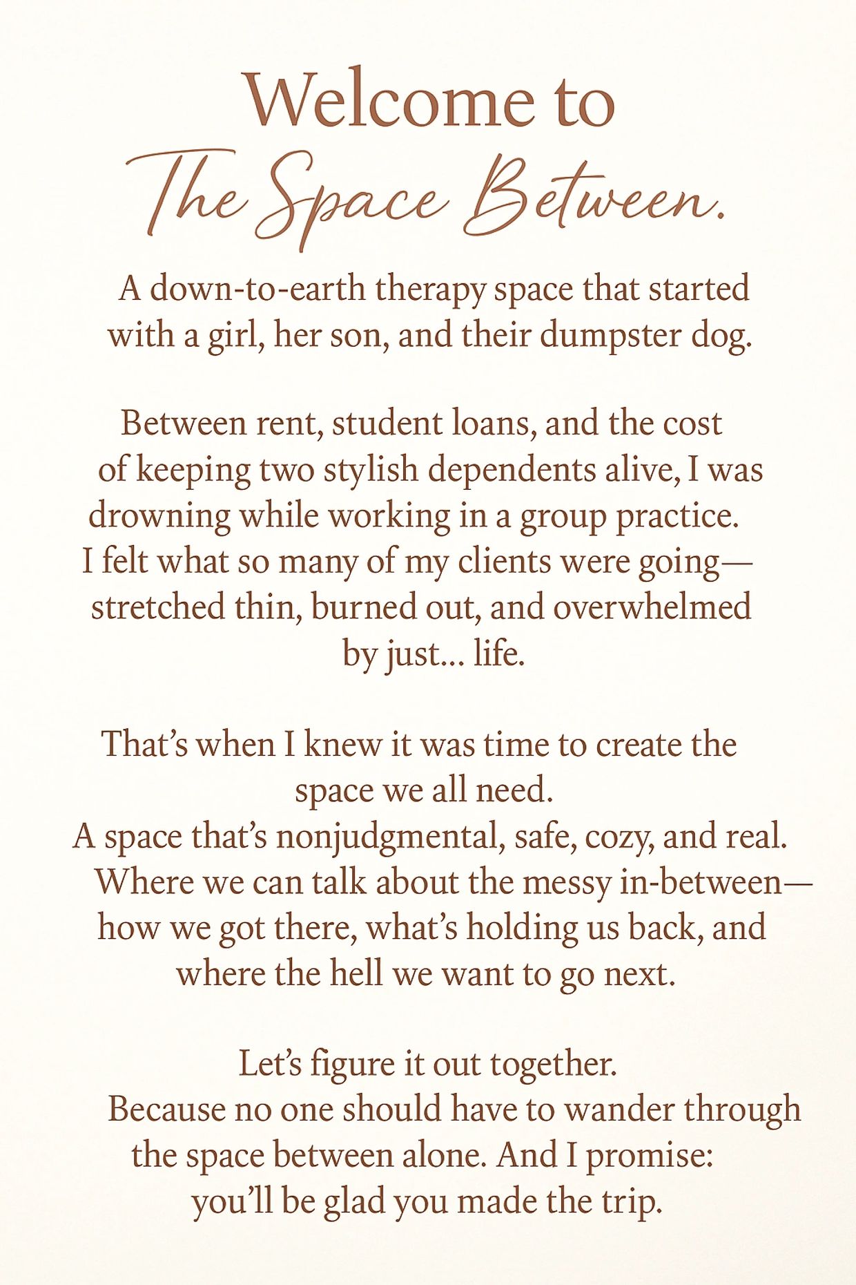Introduction to a warm, down-to-earth therapy space called The Space Between.