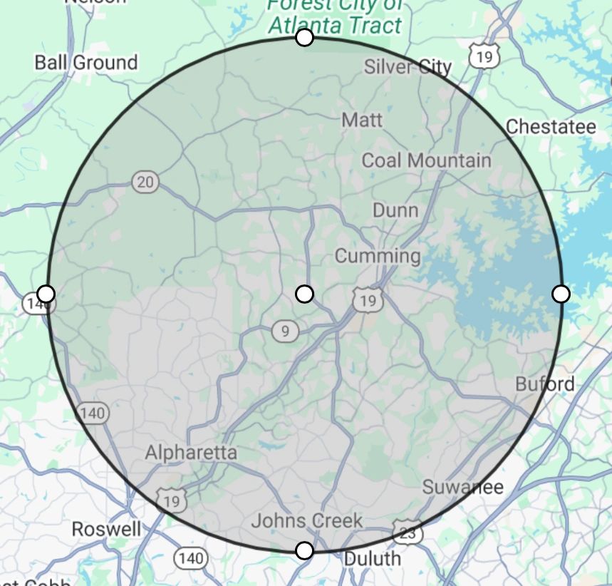 Map of service area for Rocky Brook Construction in Cumming, GA. 