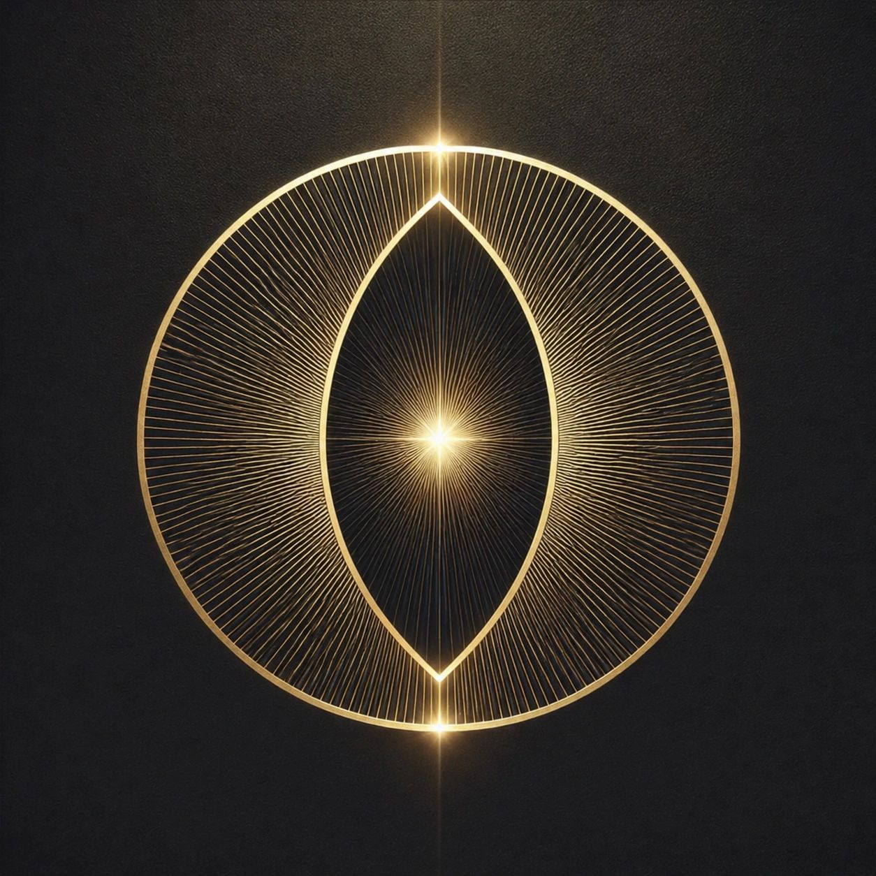 Golden geometric design with radiant light on black background.