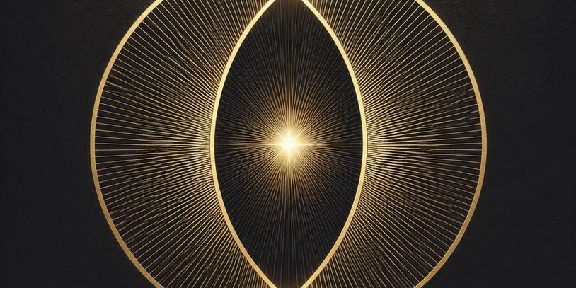 Golden geometric light pattern with a bright center on a dark background.
