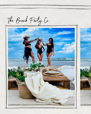 Three women in swimsuits toasting by a beach picnic setup under a blue sky.