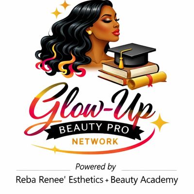 Elegant logo of Glow-Up Beauty Pro Network with a stylish woman and graduation symbols.