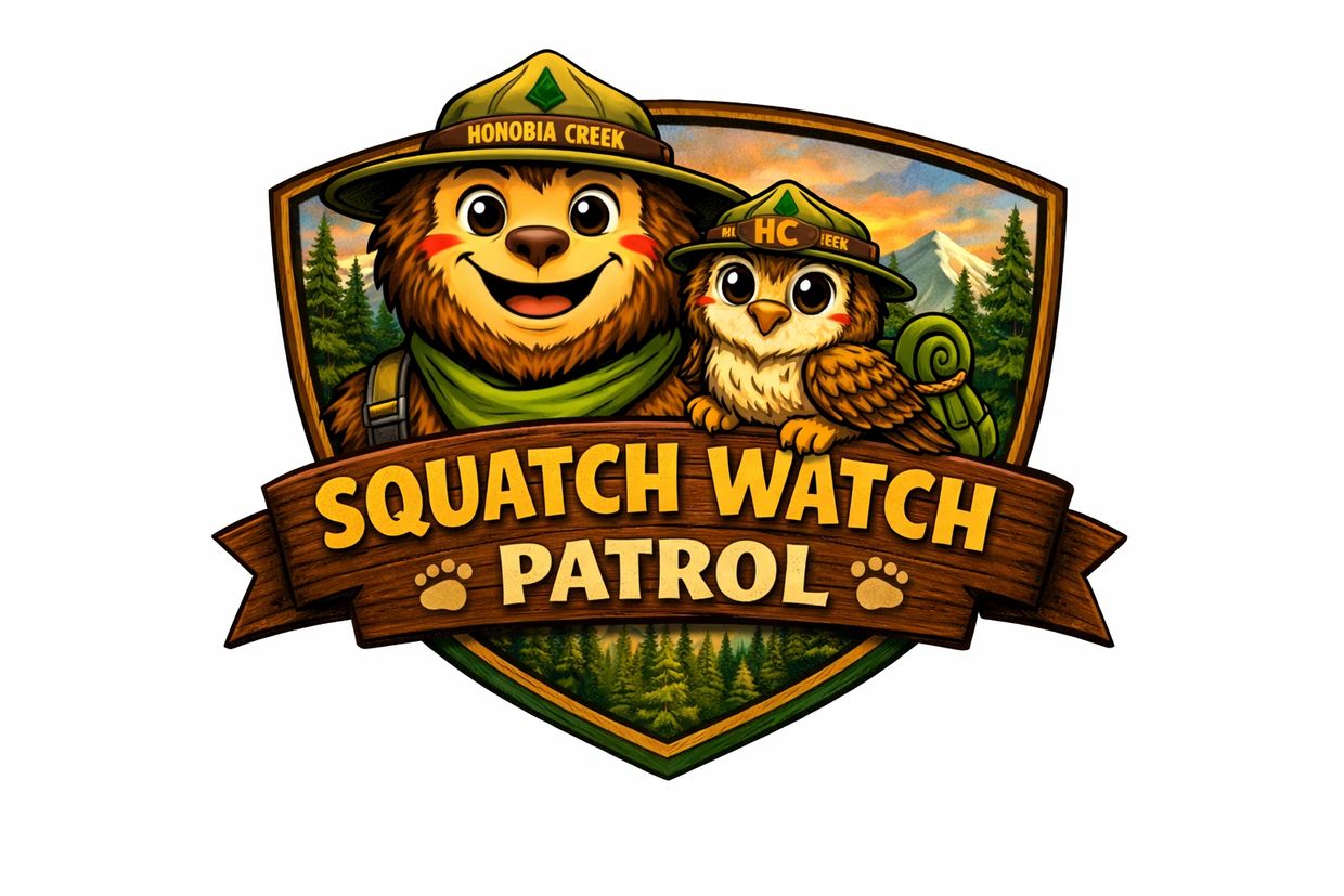 Logo of Squatch Watch Patrol featuring a bear and an owl in ranger hats.
