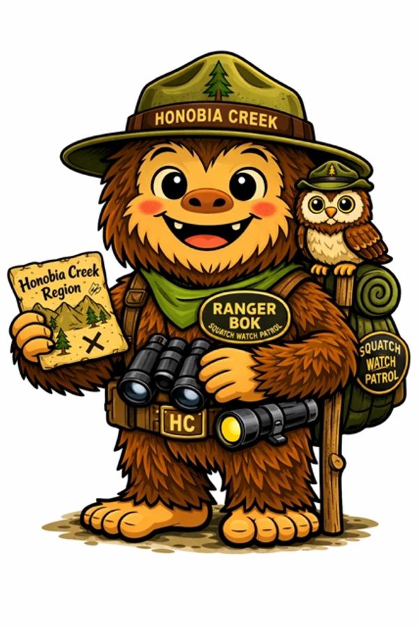 Cute Sasquatch ranger with owl and map in forest gear.