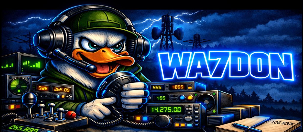 A fierce duck in military gear operates radio equipment with the call sign WA7DON glowing in the stormy background.