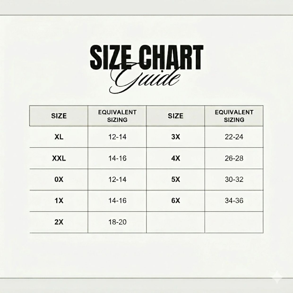 Size chart guide listing clothing sizes with equivalent sizing.