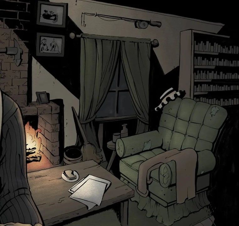 Cozy dimly lit living room with fireplace and armchair.