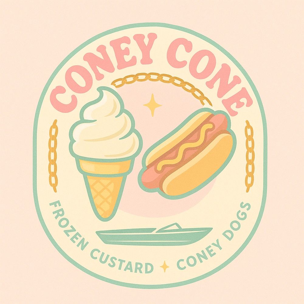Vintage-style logo featuring an ice cream cone and hot dog with text "Coney Cone."