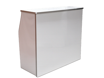 White rectangular display counter with metal edges.
